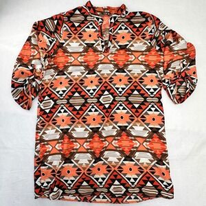 Indulge Orange Geometric Southwestern Roll Tab Sleeve Tunic Top Mini Dress 2X